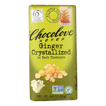 Chocolove Xoxox - Premium Chocolate Bar - Dark Chocolate - Ginger Crystallized - 3.2 Oz Bars - Case Of 12 - Maras Green