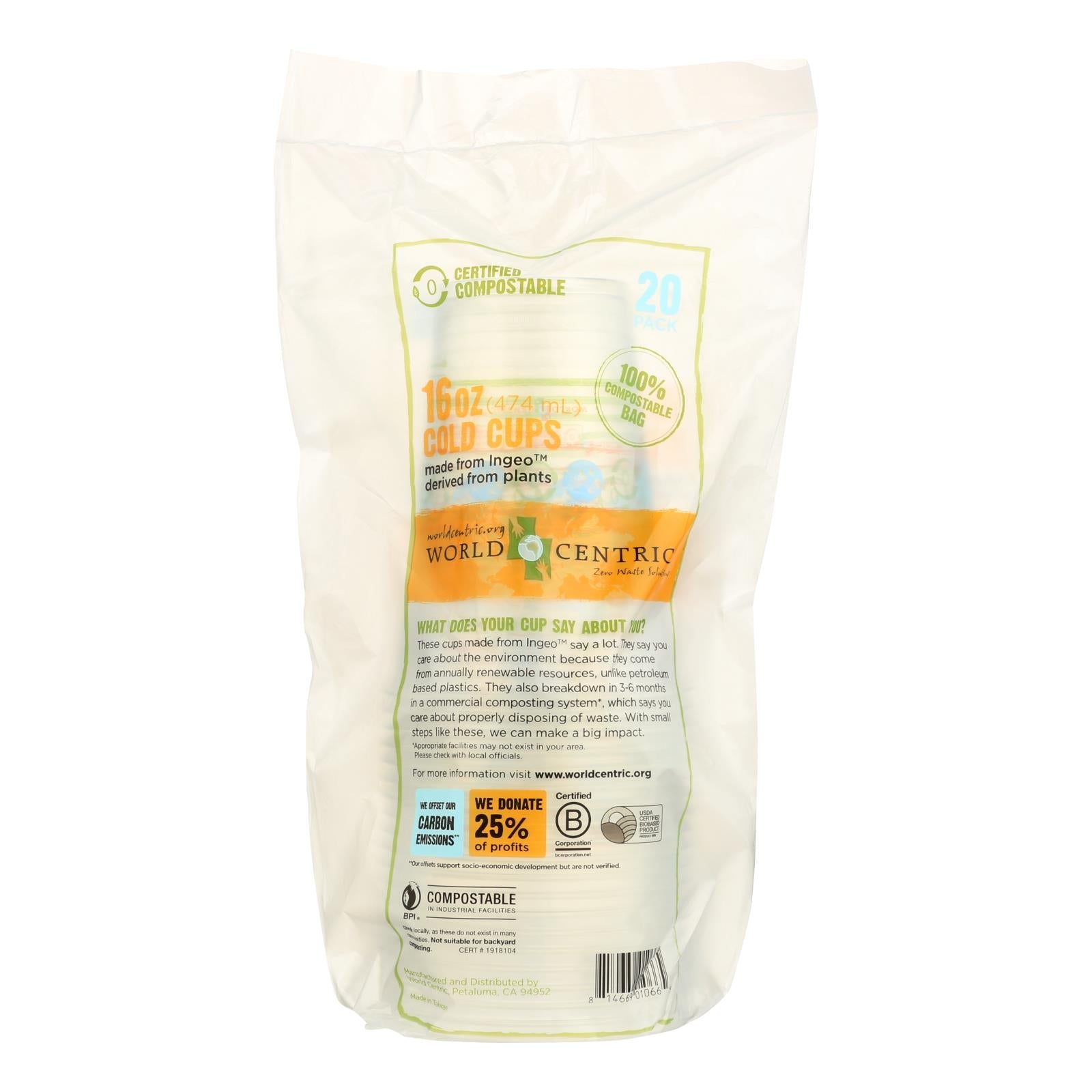 World Centric Compostable Clear - Case Of 12 - 16 Oz. - Maras Green