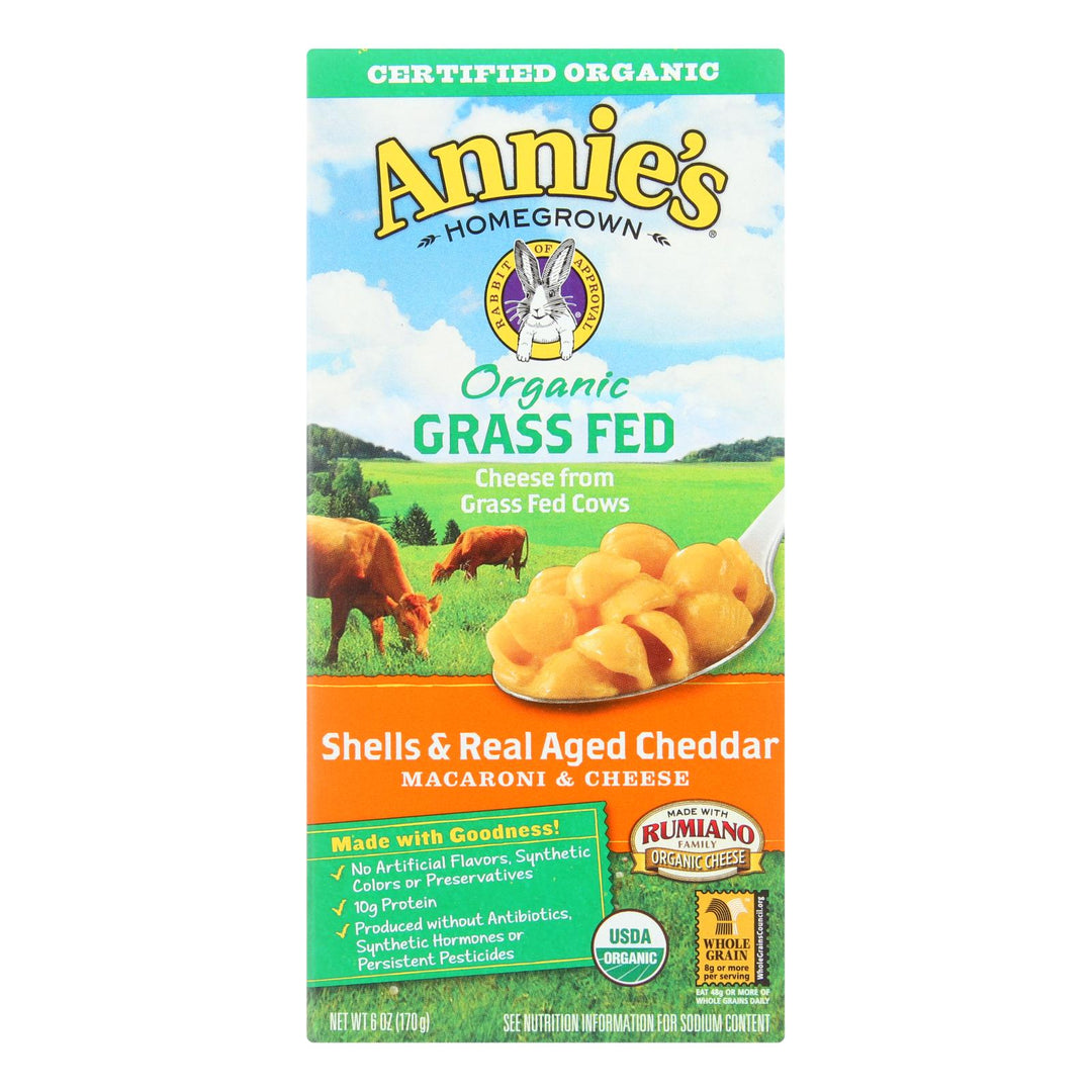 Annies Homegrown Macaroni And Cheese - Organic - Grass Fed - Shells And Real Aged Cheddar - 6 Oz - Case Of 12 - Maras Green