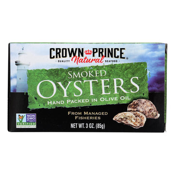 Crown Prince Oysters - Naturally Smoked In Pure Olive Oil - 3 Oz - Case Of 18 - Maras Green