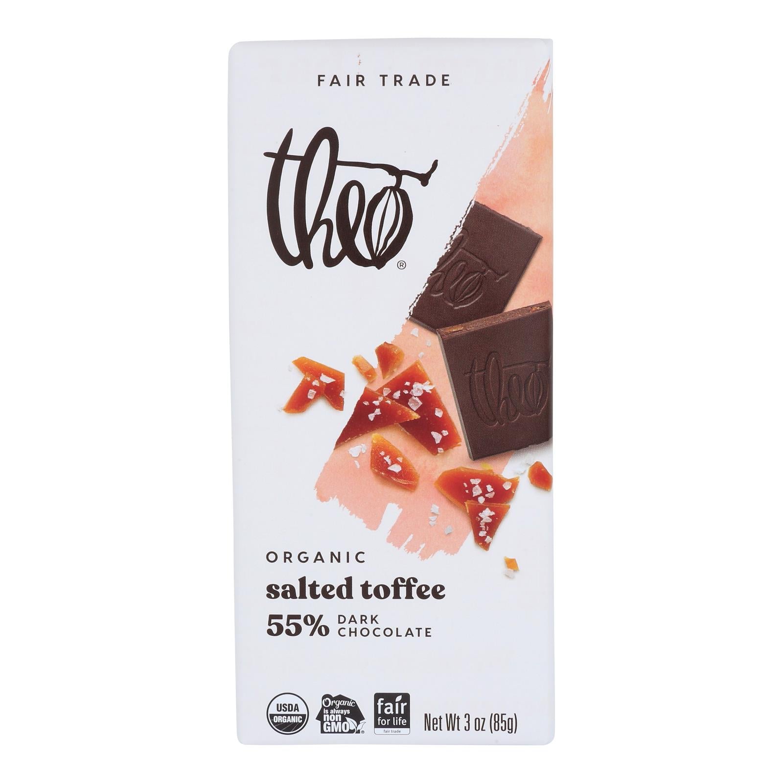 Theo Chocolate Salted Toffee - 55 Percent Dark Chocolate - Case Of 12 - 3 Oz. - Maras Green