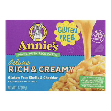 Annies Homegrown Rice Pasta Dinner - Creamy Deluxe - Rice Pasta And Extra Cheesy Cheddar Sauce - Gluten Free - 11 Oz - Case Of 12 - Maras Green